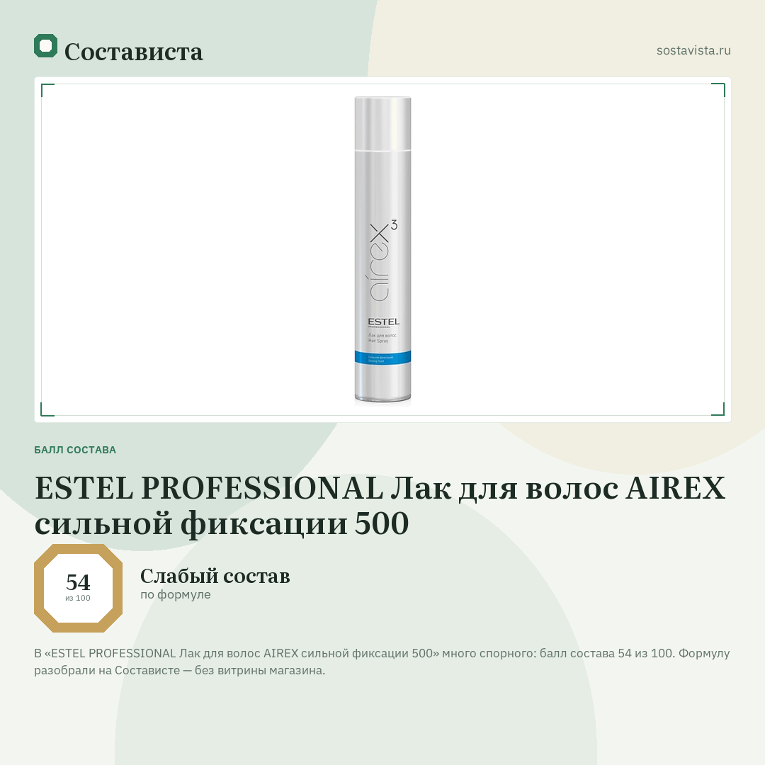 ESTEL PROFESSIONAL Лак для волос AIREX сильной фиксации 500: балл состава 54 из 100 — Состависта