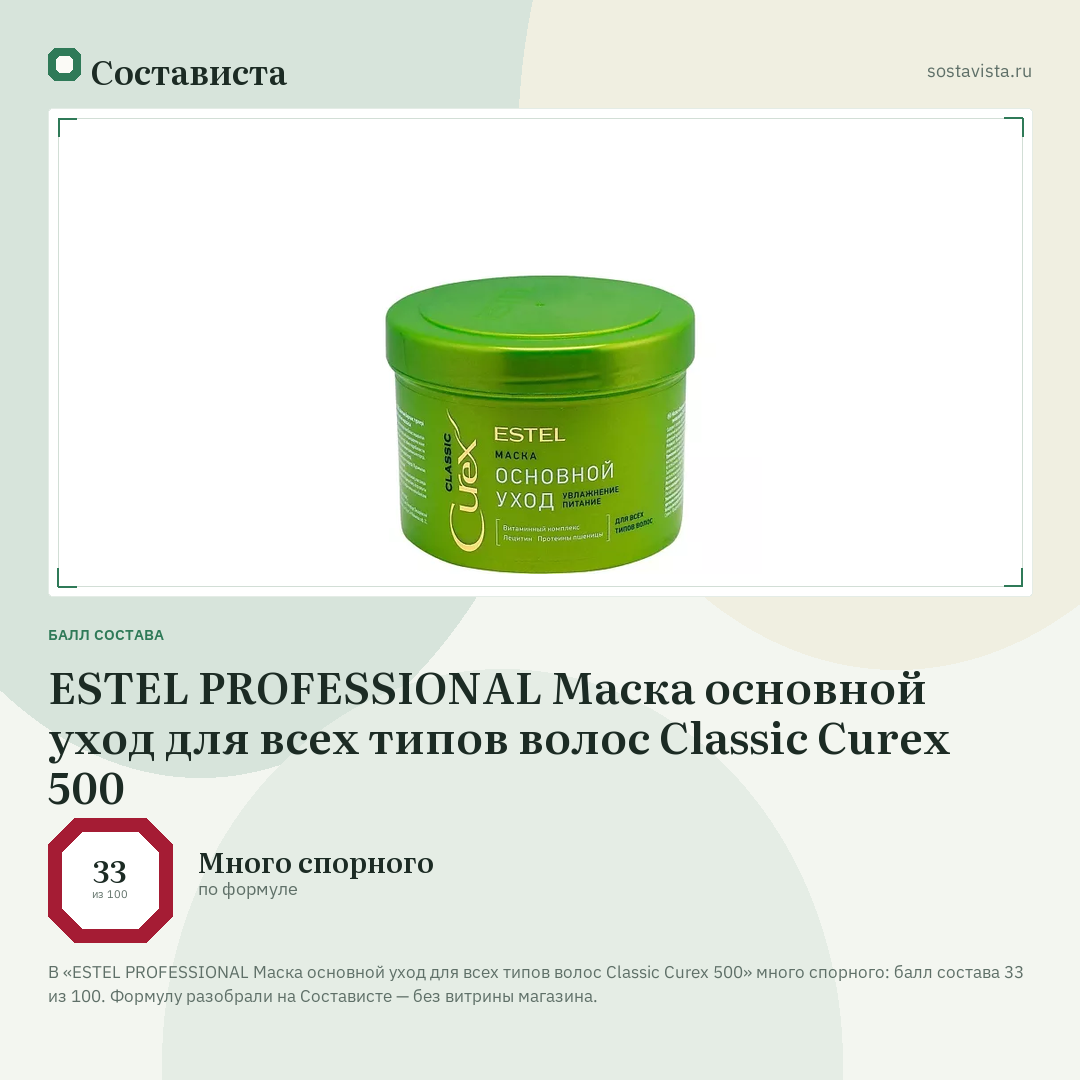 ESTEL PROFESSIONAL Маска основной уход для всех типов волос Classic Curex 500: балл состава 33 из 100 — Состависта