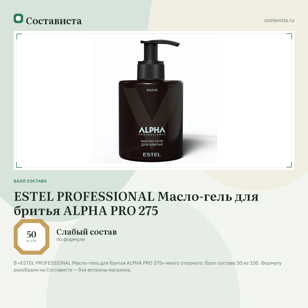 ESTEL PROFESSIONAL Масло-гель для бритья ALPHA PRO 275: балл состава 50 из 100 — Состависта