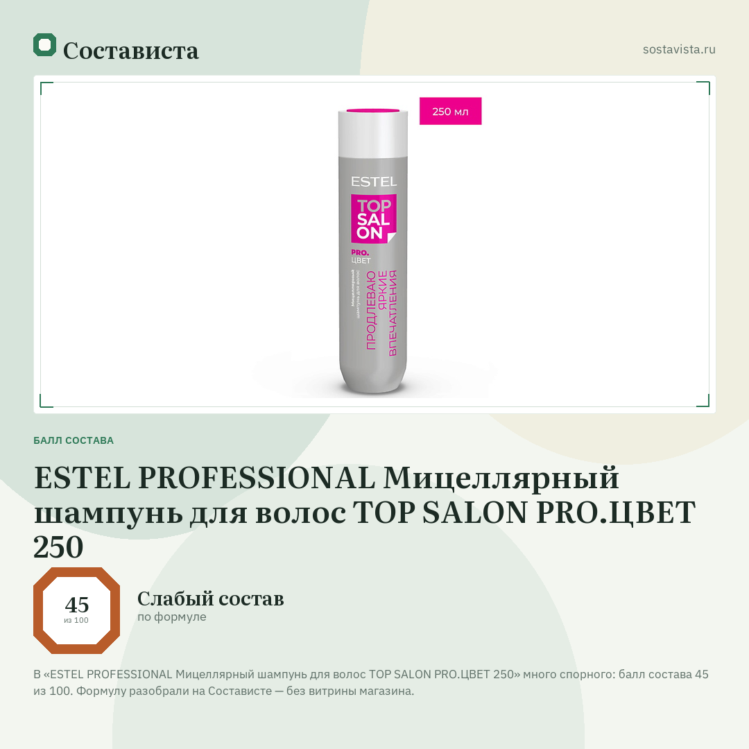 ESTEL PROFESSIONAL Мицеллярный шампунь для волос ТОР SALON PRO.ЦВЕТ 250: балл состава 45 из 100 — Состависта