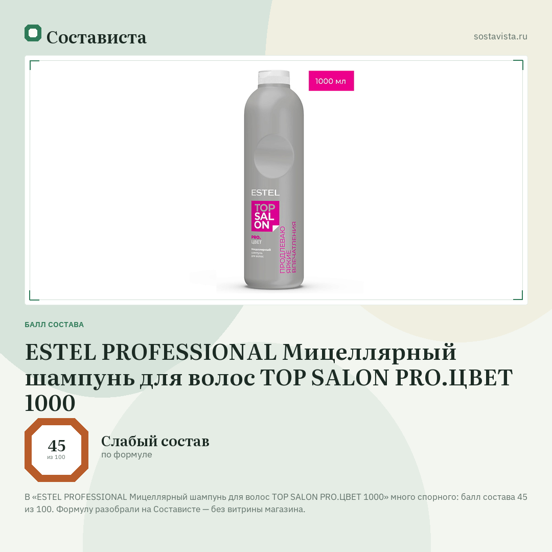 ESTEL PROFESSIONAL Мицеллярный шампунь для волос ТОР SALON PRO.ЦВЕТ 1000: балл состава 45 из 100 — Состависта