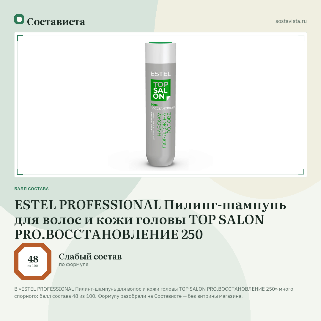 ESTEL PROFESSIONAL Пилинг-шампунь для волос и кожи головы TOP SALON PRO.ВОССТАНОВЛЕНИЕ 250: балл состава 48 из 100 — Состависта