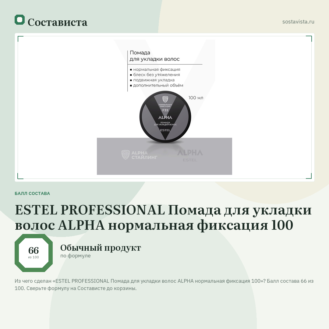 ESTEL PROFESSIONAL Помада для укладки волос ALPHA нормальная фиксация 100: балл состава 66 из 100 — Состависта