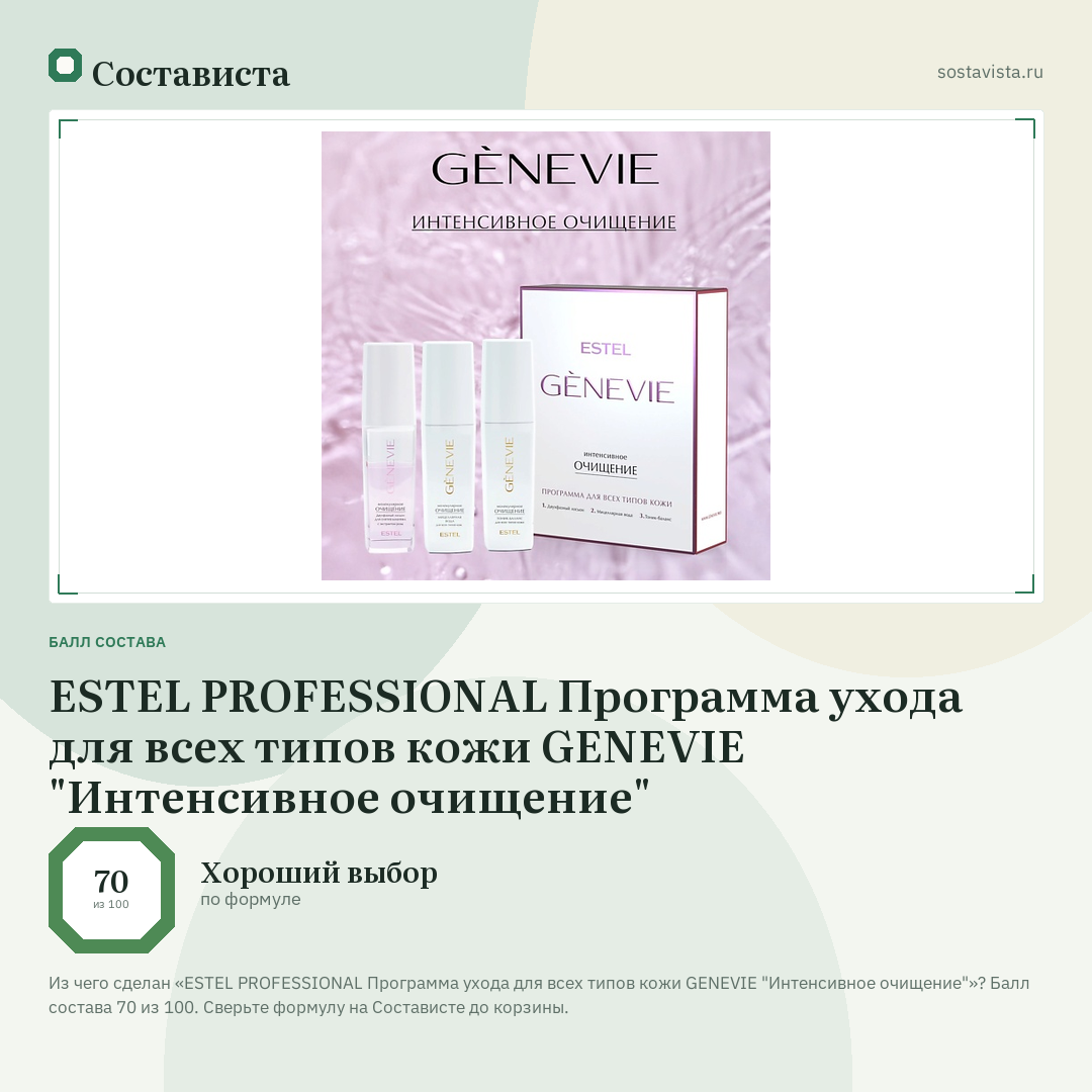 ESTEL PROFESSIONAL Программа ухода для всех типов кожи GENEVIE "Интенсивное очищение": балл состава 70 из 100 — Состависта