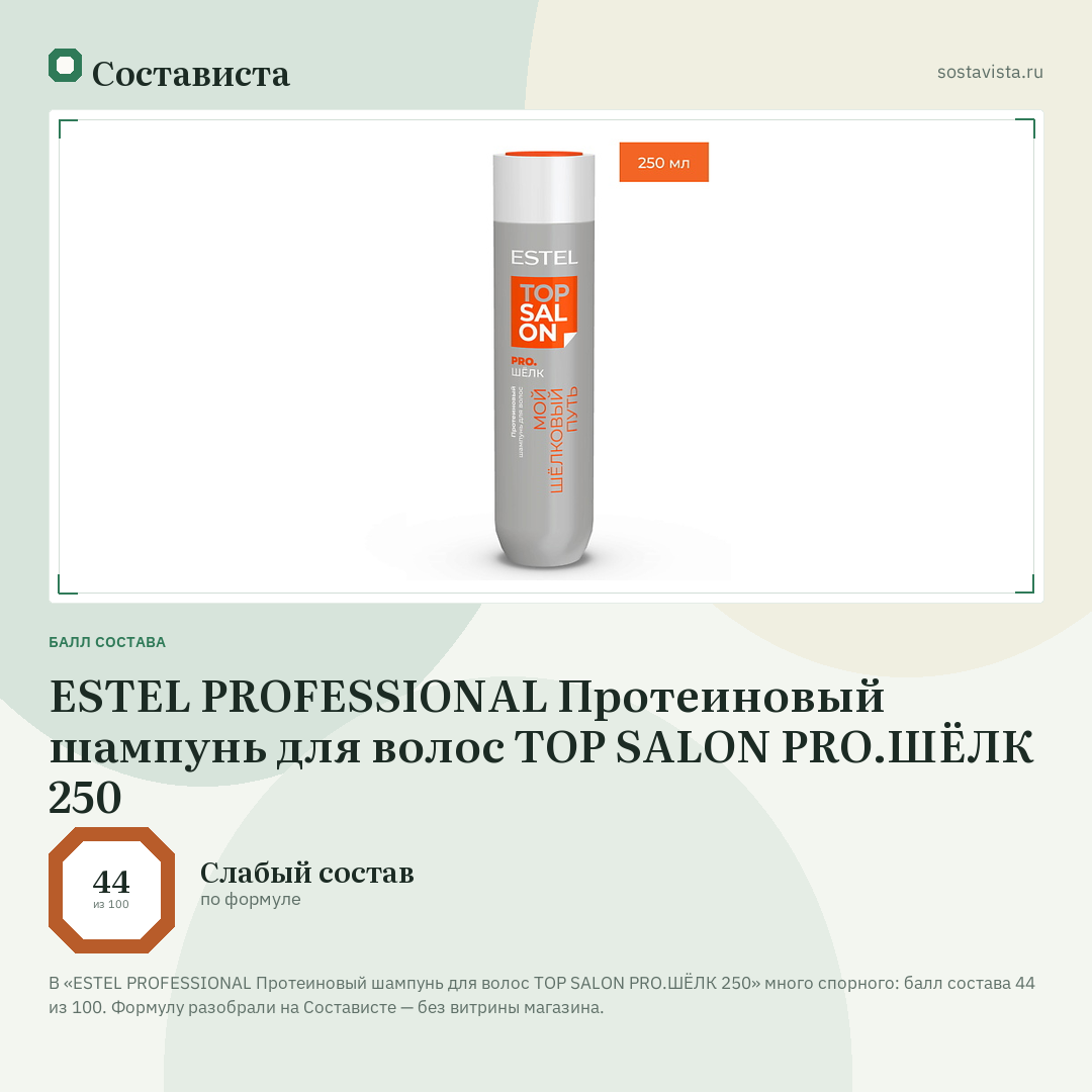 ESTEL PROFESSIONAL Протеиновый шампунь для волос ТОР SALON PRO.ШЁЛК 250: балл состава 44 из 100 — Состависта