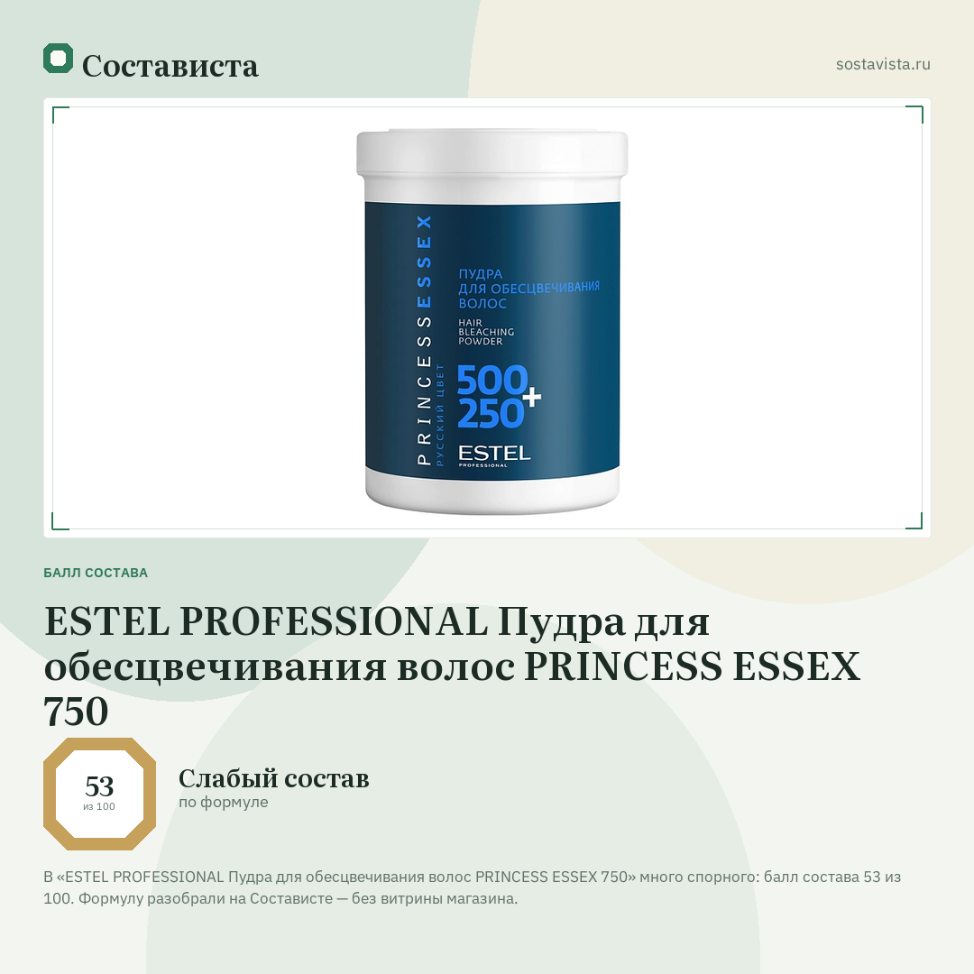 ESTEL PROFESSIONAL Пудра для обесцвечивания волос PRINCESS ESSEX 750: балл состава 53 из 100 — Состависта
