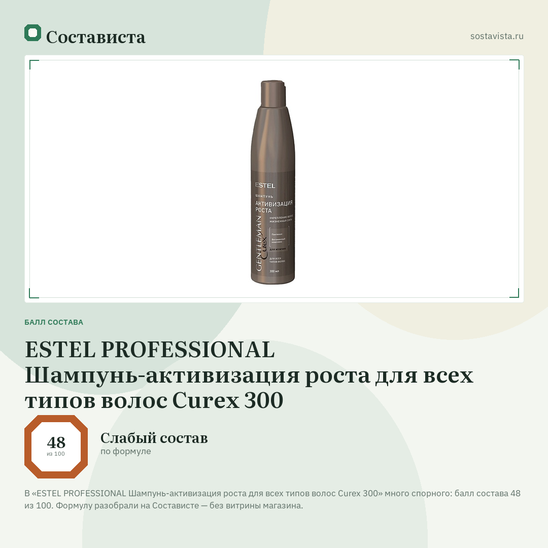 ESTEL PROFESSIONAL Шампунь-активизация роста для всех типов волос Curex 300: балл состава 48 из 100 — Состависта