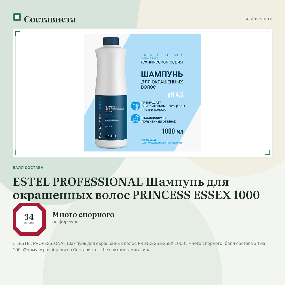 ESTEL PROFESSIONAL Шампунь для окрашенных волос PRINCESS ESSEX 1000: балл состава 34 из 100 — Состависта