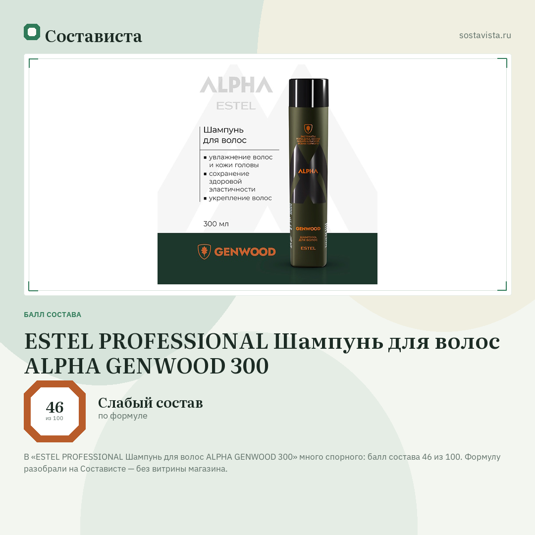 ESTEL PROFESSIONAL Шампунь для волос ALPHA GENWOOD 300: балл состава 46 из 100 — Состависта