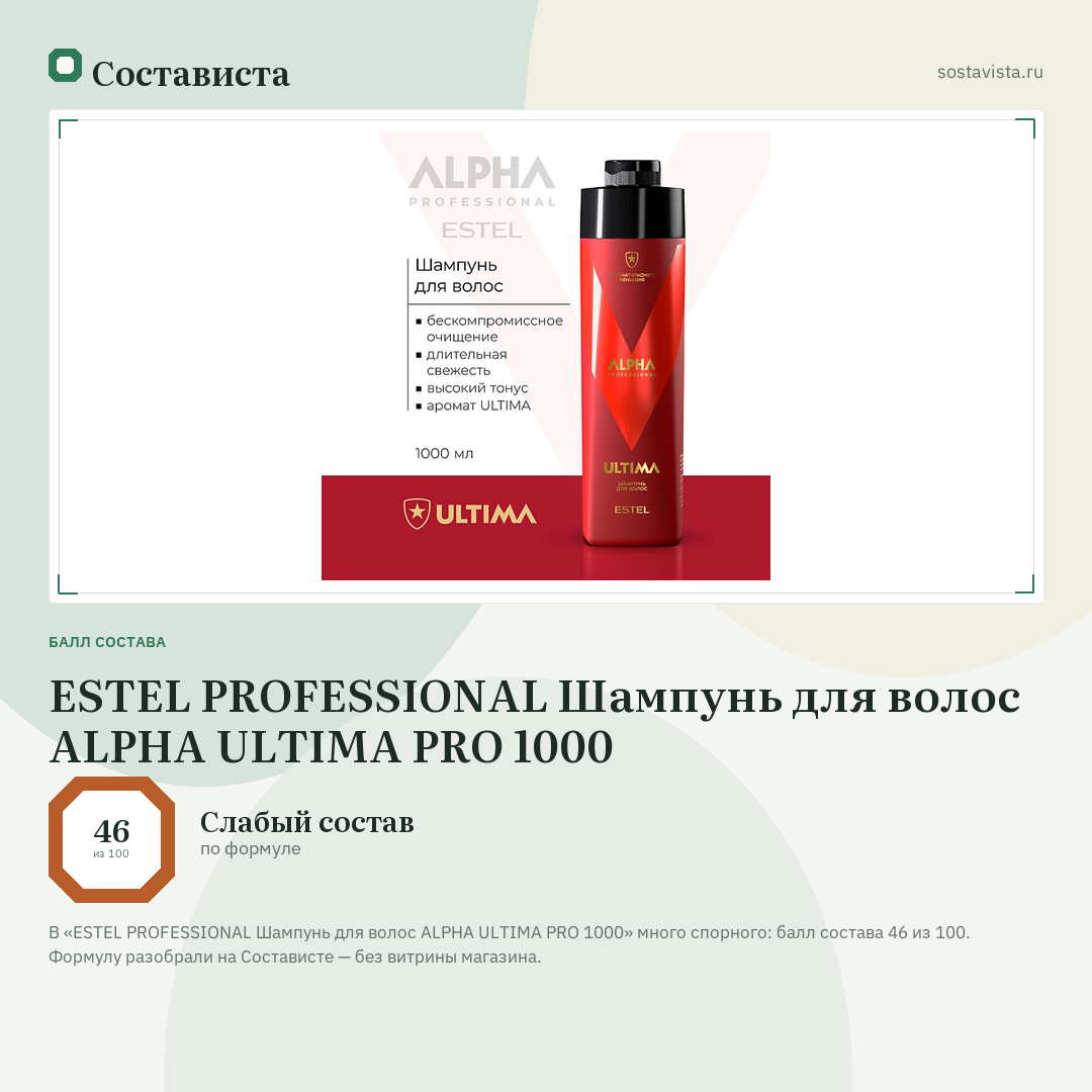 ESTEL PROFESSIONAL Шампунь для волос ALPHA ULTIMA PRO 1000: балл состава 46 из 100 — Состависта