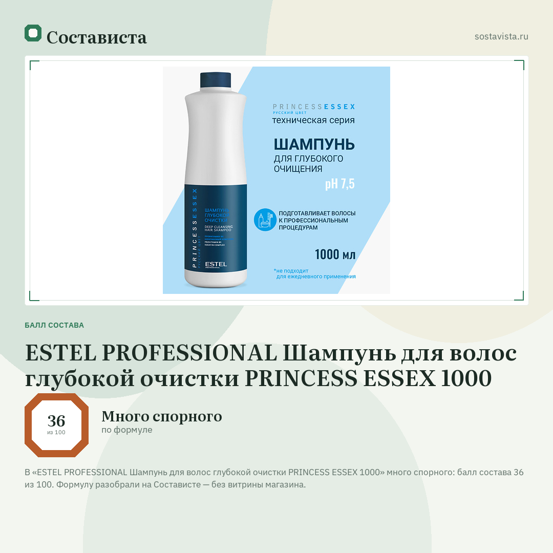 ESTEL PROFESSIONAL Шампунь для волос глубокой очистки PRINCESS ESSEX 1000: балл состава 36 из 100 — Состависта