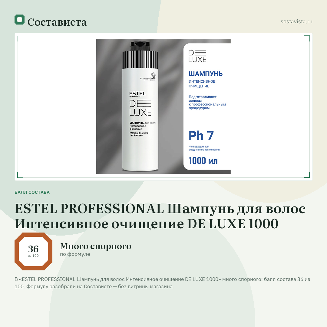 ESTEL PROFESSIONAL Шампунь для волос Интенсивное очищение DE LUXE 1000: балл состава 36 из 100 — Состависта