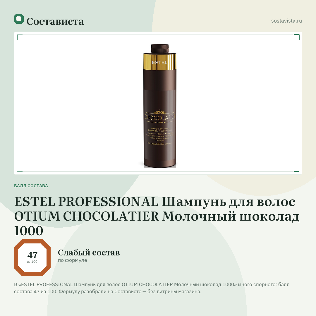 ESTEL PROFESSIONAL Шампунь для волос OTIUM CHOCOLATIER Молочный шоколад 1000: балл состава 47 из 100 — Состависта