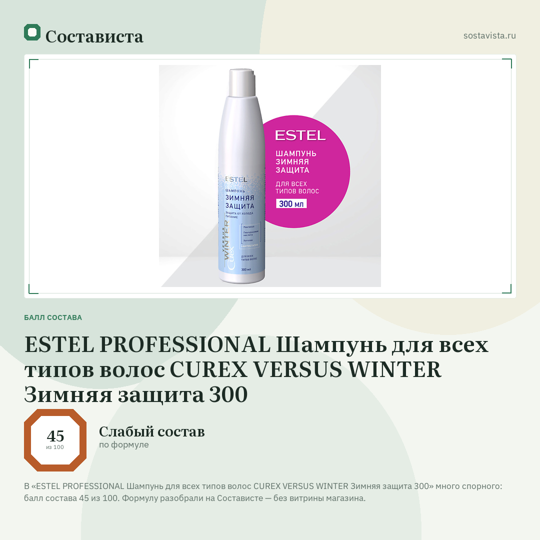 ESTEL PROFESSIONAL Шампунь для всех типов волос CUREX VERSUS WINTER Зимняя защита 300: балл состава 45 из 100 — Состависта