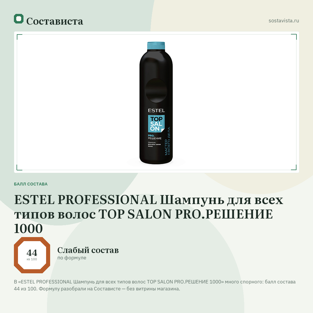 ESTEL PROFESSIONAL Шампунь для всех типов волос TOP SALON PRO.РЕШЕНИЕ 1000: балл состава 44 из 100 — Состависта