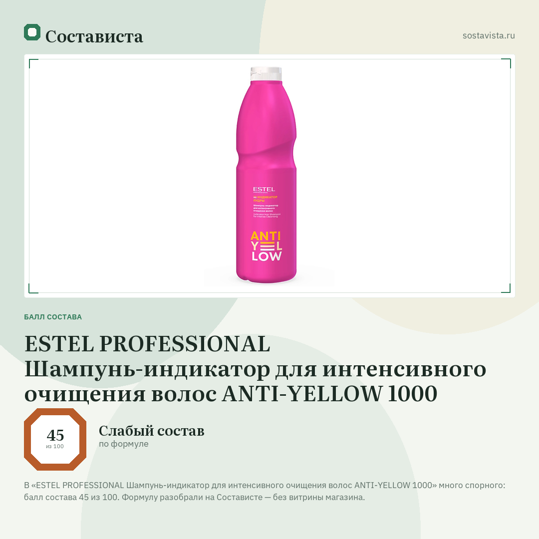 ESTEL PROFESSIONAL Шампунь-индикатор для интенсивного очищения волос ANTI-YELLOW 1000: балл состава 45 из 100 — Состависта