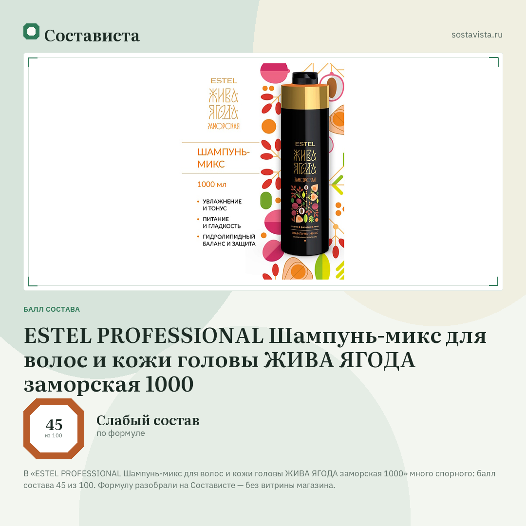 ESTEL PROFESSIONAL Шампунь-микс для волос и кожи головы ЖИВА ЯГОДА заморская 1000: балл состава 45 из 100 — Состависта