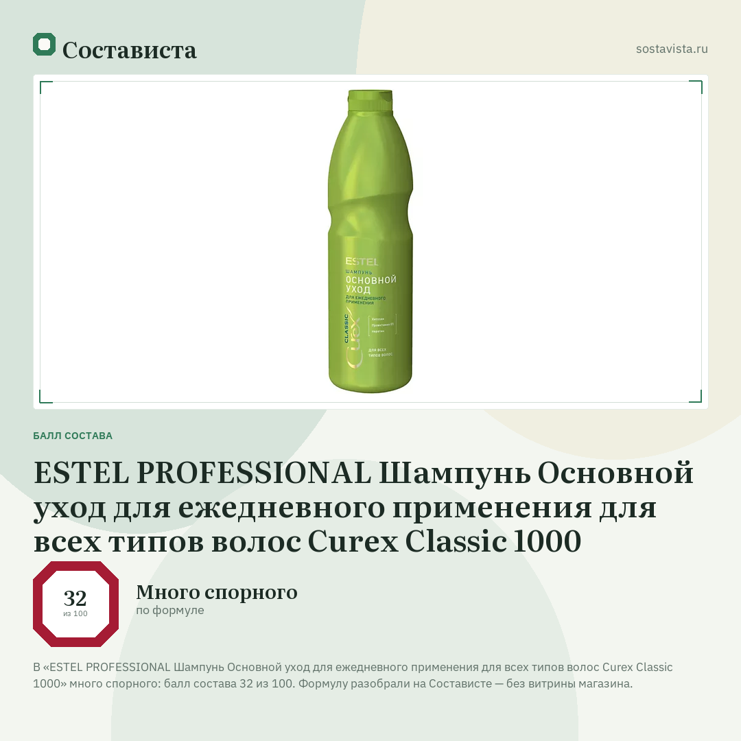 ESTEL PROFESSIONAL Шампунь Основной уход для ежедневного применения для всех типов волос Curex Classic 1000: балл состава 32 из 100 — Состависта