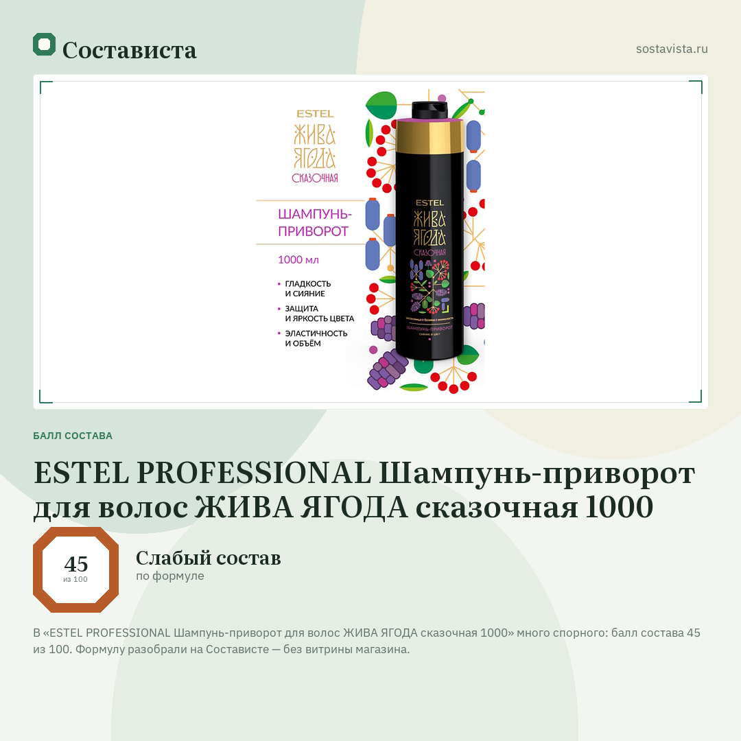 ESTEL PROFESSIONAL Шампунь-приворот для волос ЖИВА ЯГОДА сказочная 1000: балл состава 45 из 100 — Состависта