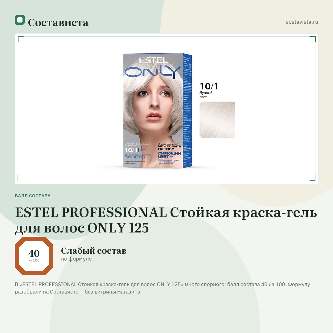 ESTEL PROFESSIONAL Стойкая краска-гель для волос ONLY 125: балл состава 40 из 100 — Состависта