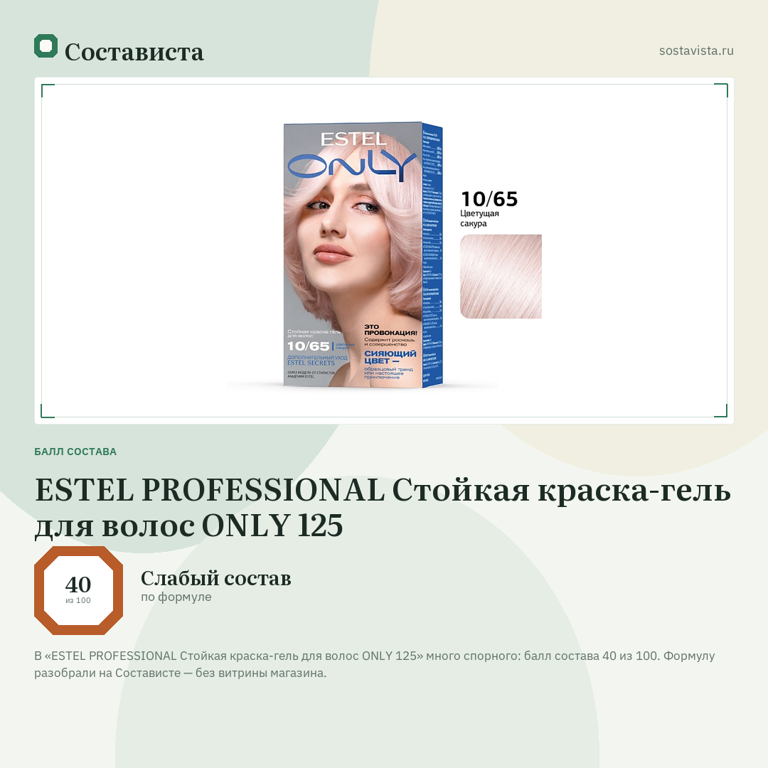 ESTEL PROFESSIONAL Стойкая краска-гель для волос ONLY 125: балл состава 40 из 100 — Состависта