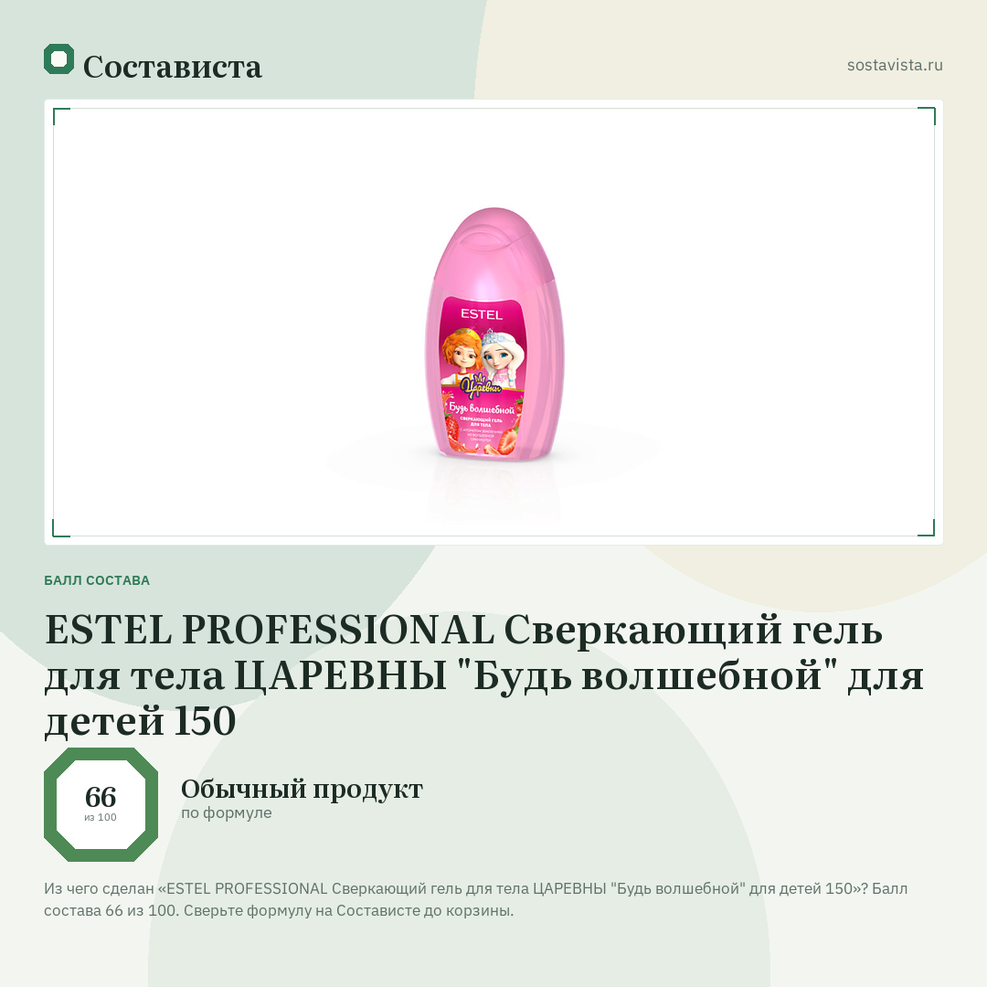 ESTEL PROFESSIONAL Сверкающий гель для тела ЦАРЕВНЫ "Будь волшебной" для детей 150: балл состава 66 из 100 — Состависта