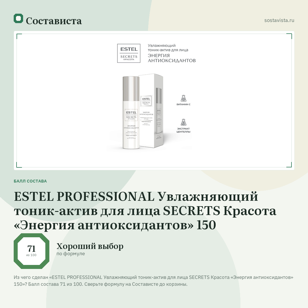 ESTEL PROFESSIONAL Увлажняющий тоник-актив для лица SECRETS Красота «Энергия антиоксидантов» 150: балл состава 71 из 100 — Состависта