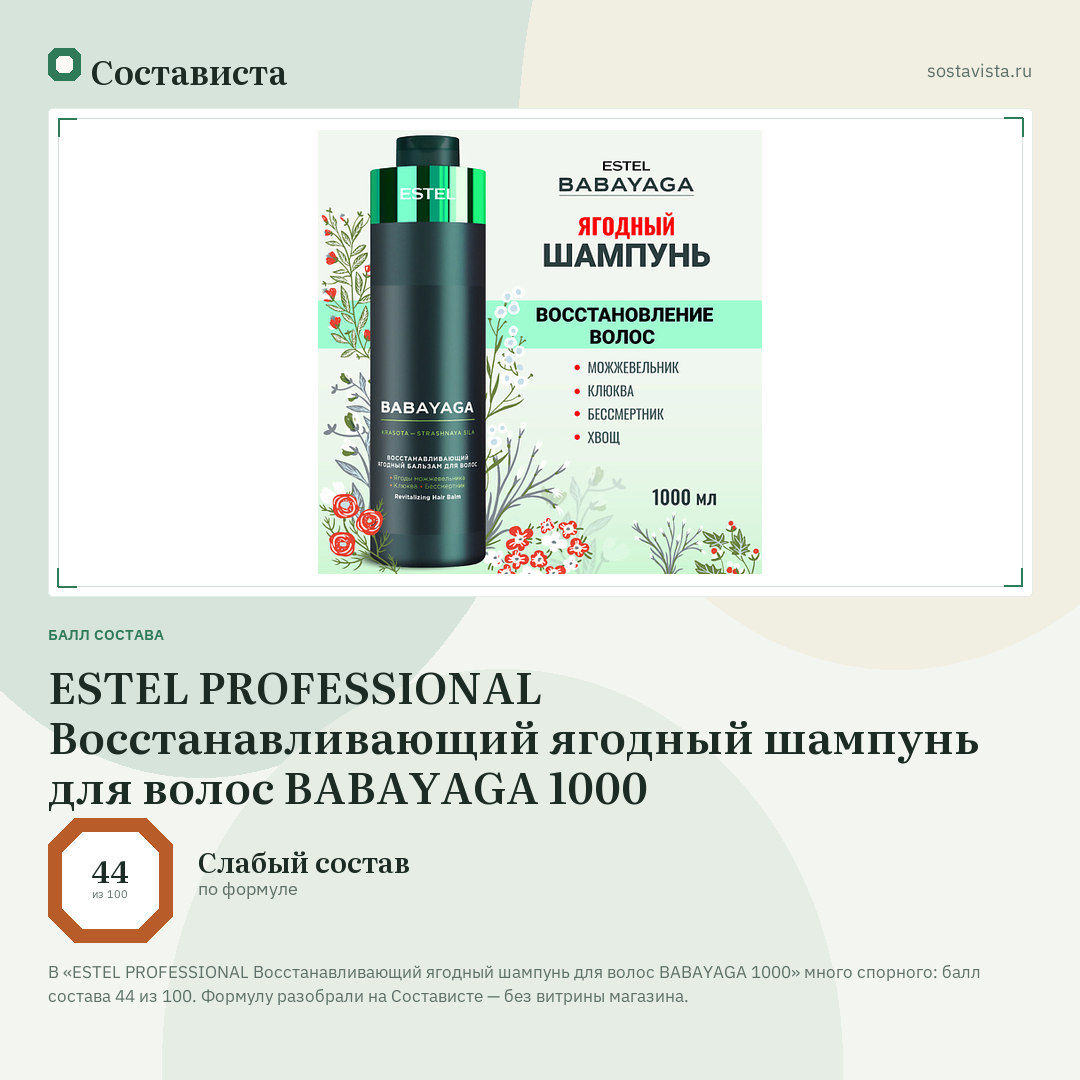 ESTEL PROFESSIONAL Восстанавливающий ягодный шампунь для волос BABAYAGA 1000: балл состава 44 из 100 — Состависта
