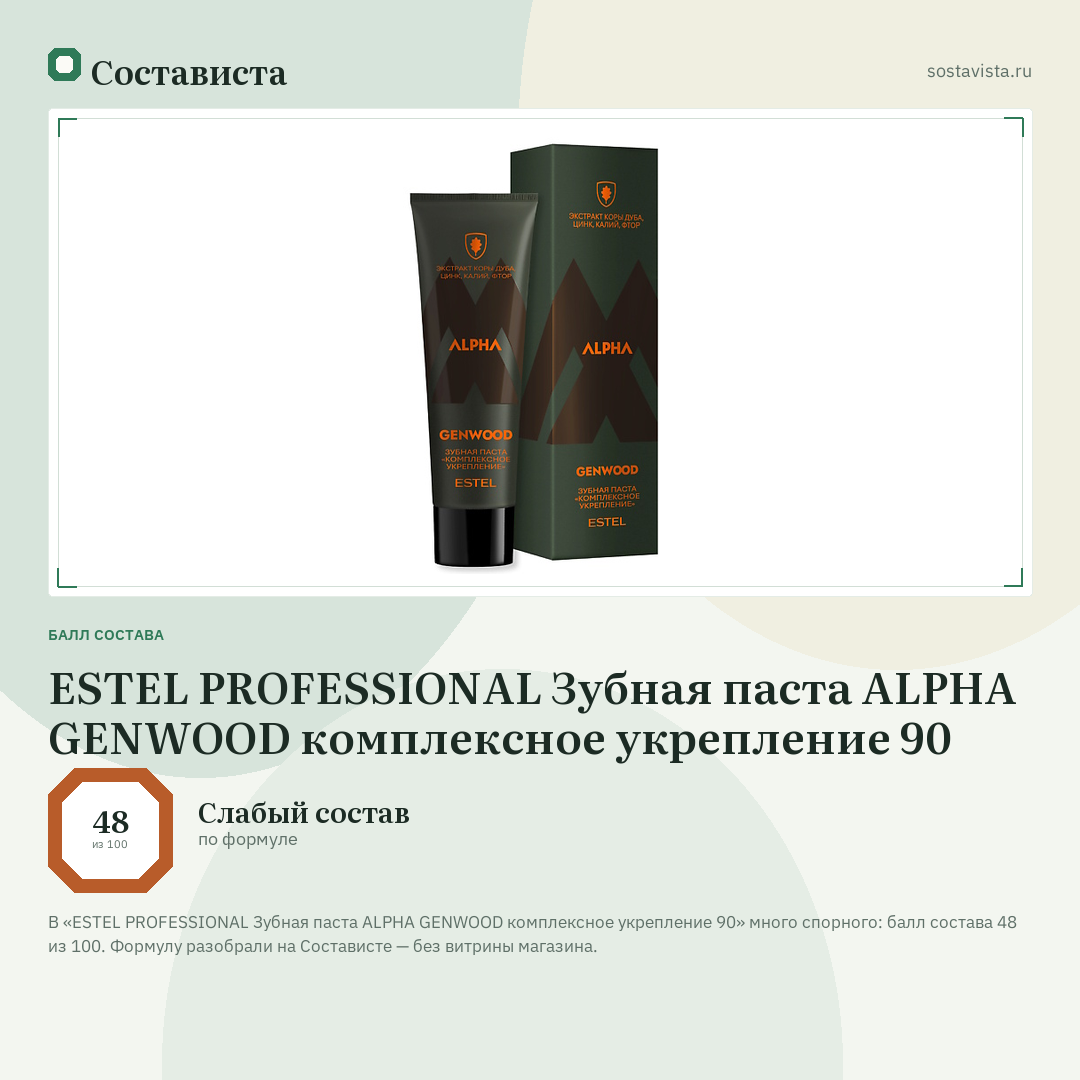 ESTEL PROFESSIONAL Зубная паста ALPHA GENWOOD комплексное укрепление 90: балл состава 48 из 100 — Состависта