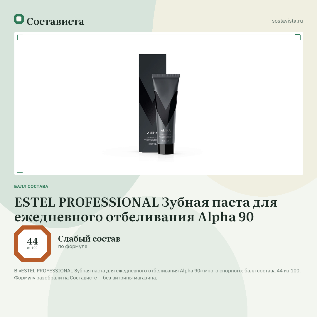 ESTEL PROFESSIONAL Зубная паста для ежедневного отбеливания Alpha 90: балл состава 44 из 100 — Состависта