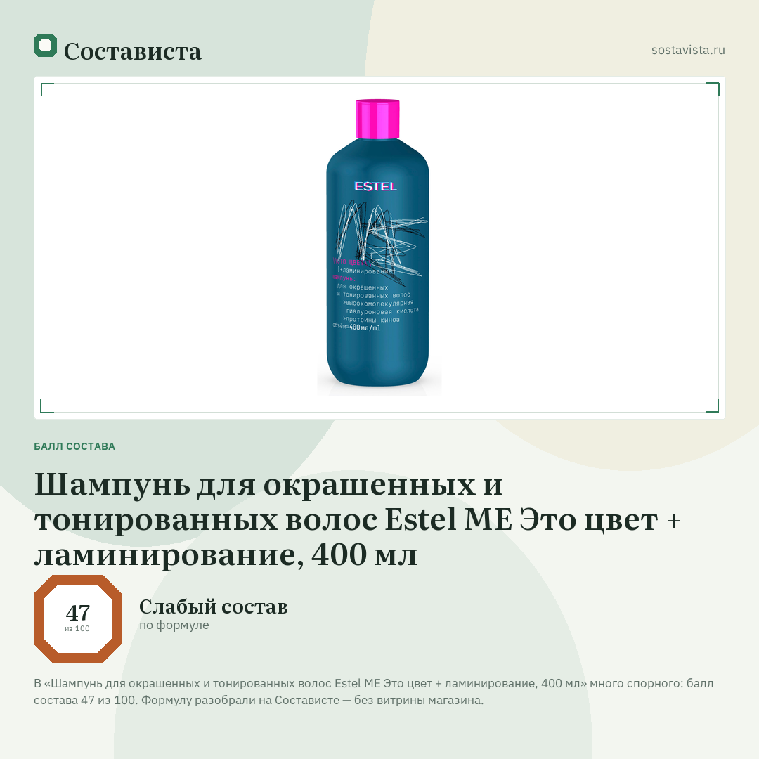 Шампунь для окрашенных и тонированных волос Estel ME Это цвет + ламинирование, 400 мл: балл состава 47 из 100 — Состависта
