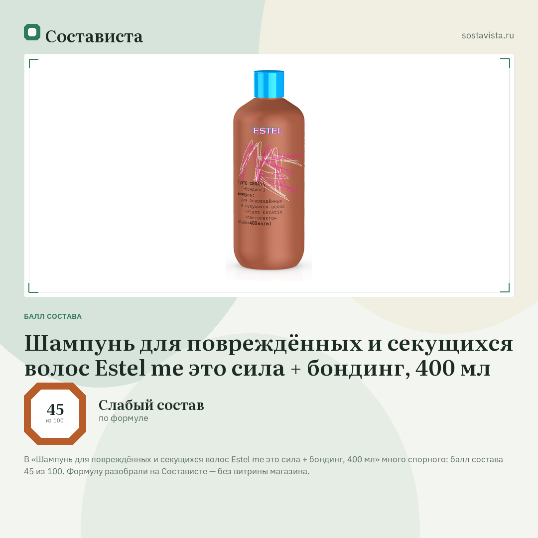 Шампунь для повреждённых и секущихся волос Estel me это сила + бондинг, 400 мл: балл состава 45 из 100 — Состависта