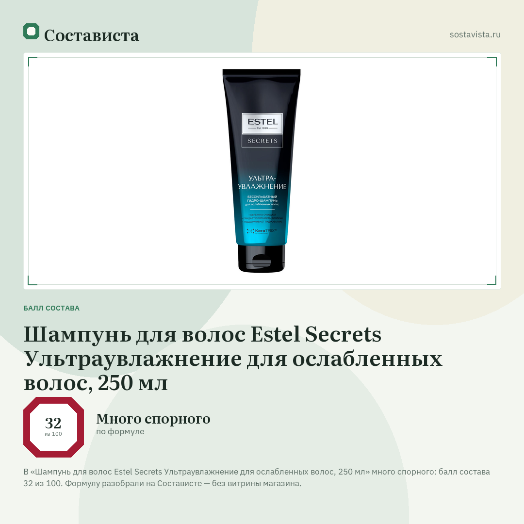 Шампунь для волос Estel Secrets Ультраувлажнение для ослабленных волос, 250 мл: балл состава 32 из 100 — Состависта