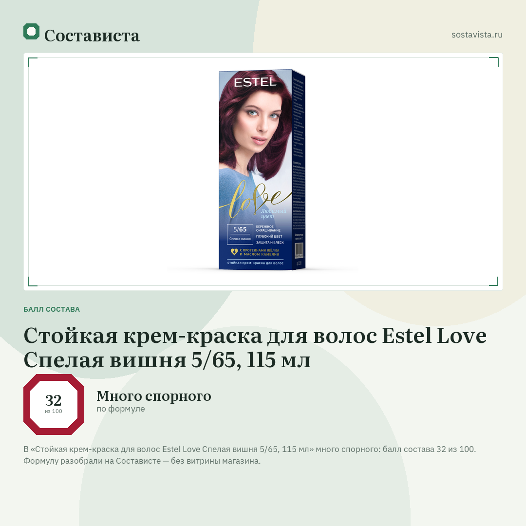 Стойкая крем-краска для волос Estel Love Спелая вишня 5/65, 115 мл: балл состава 32 из 100 — Состависта