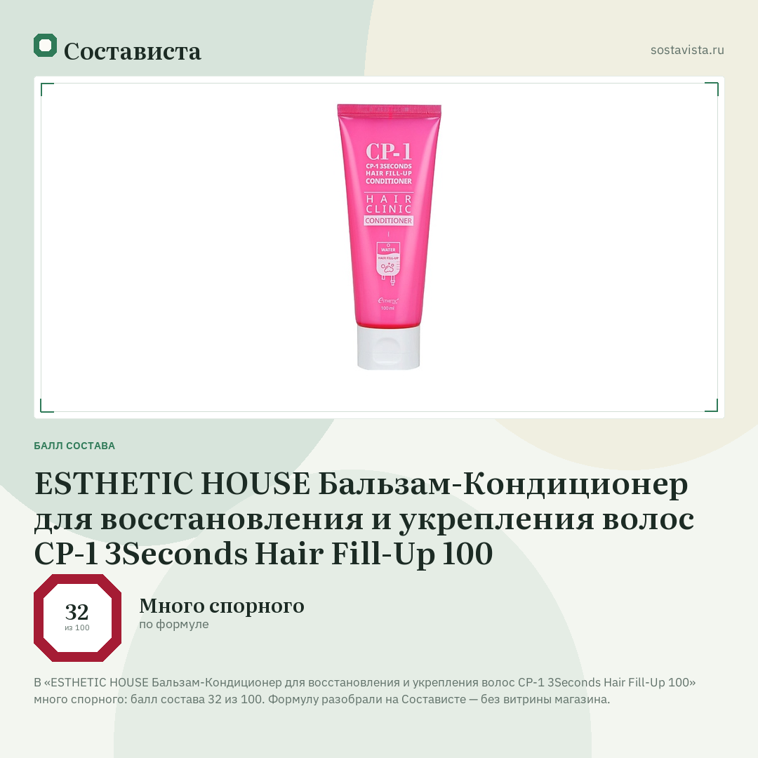 ESTHETIC HOUSE Бальзам-Кондиционер для восстановления и укрепления волос CP-1 3Seconds Hair Fill-Up 100: балл состава 32 из 100 — Состависта