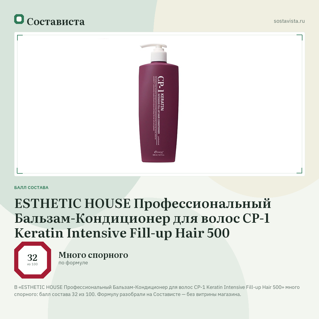 ESTHETIC HOUSE Профессиональный Бальзам-Кондиционер для волос CP-1 Keratin Intensive Fill-up Hair 500: балл состава 32 из 100 — Состависта