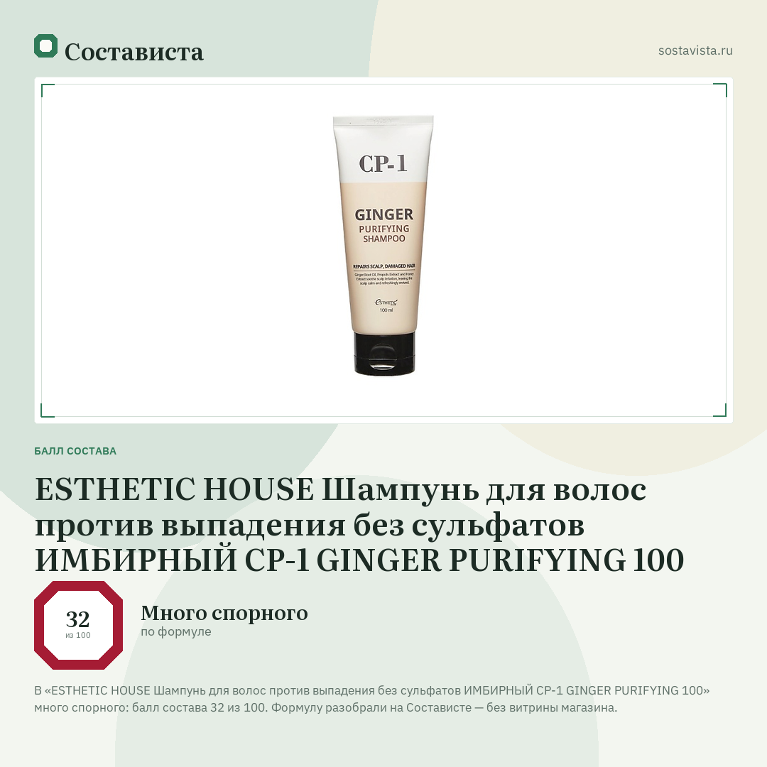 ESTHETIC HOUSE Шампунь для волос против выпадения без сульфатов ИМБИРНЫЙ CP-1 GINGER PURIFYING 100: балл состава 32 из 100 — Состависта