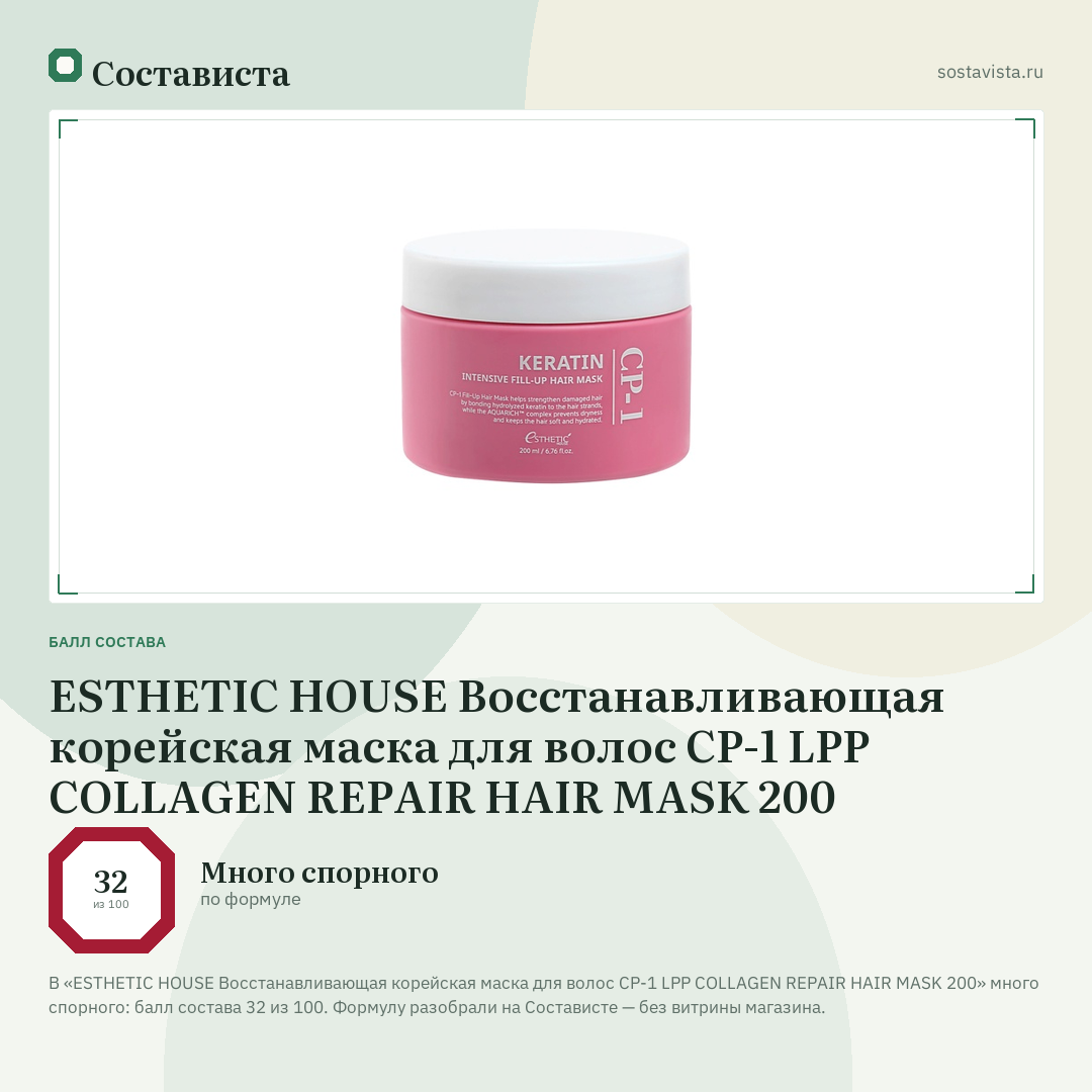 ESTHETIC HOUSE Восстанавливающая корейская маска для волос CP-1 LPP COLLAGEN REPAIR HAIR MASK 200: балл состава 32 из 100 — Состависта