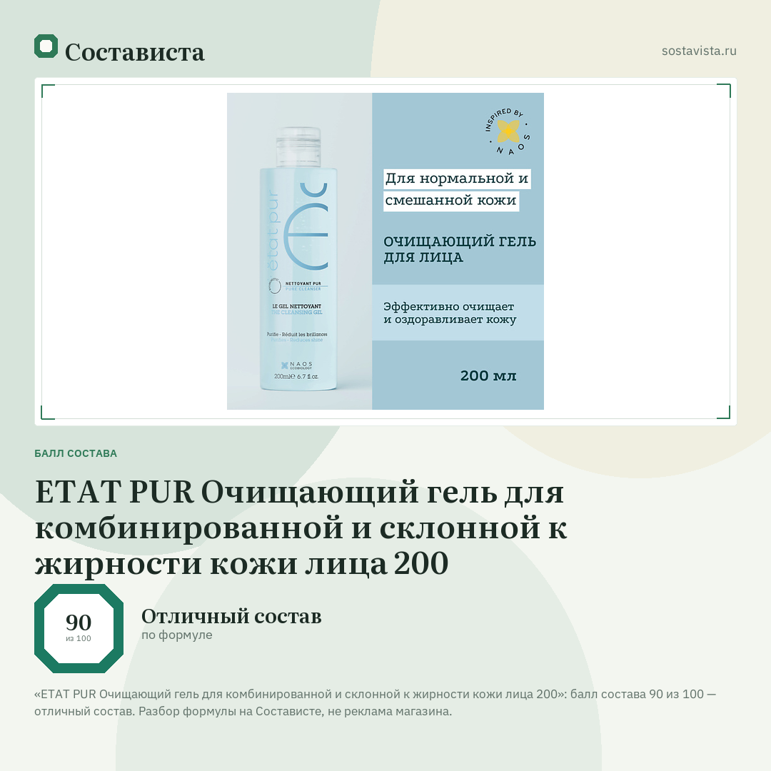 ETAT PUR Очищающий гель для комбинированной и склонной к жирности кожи лица 200: балл состава 90 из 100 — Состависта