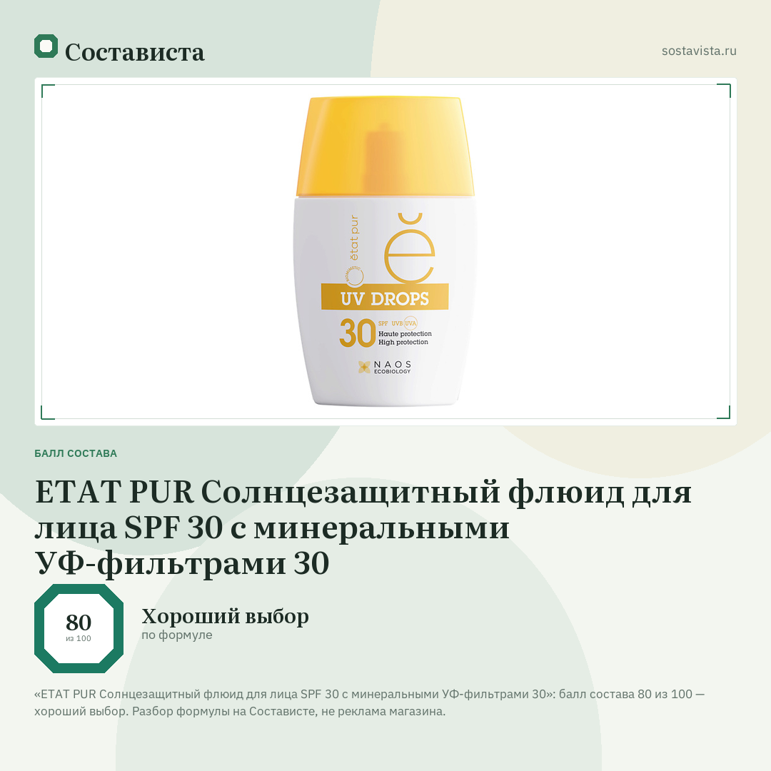 ETAT PUR Солнцезащитный флюид для лица SPF 30 с минеральными УФ-фильтрами 30: балл состава 80 из 100 — Состависта
