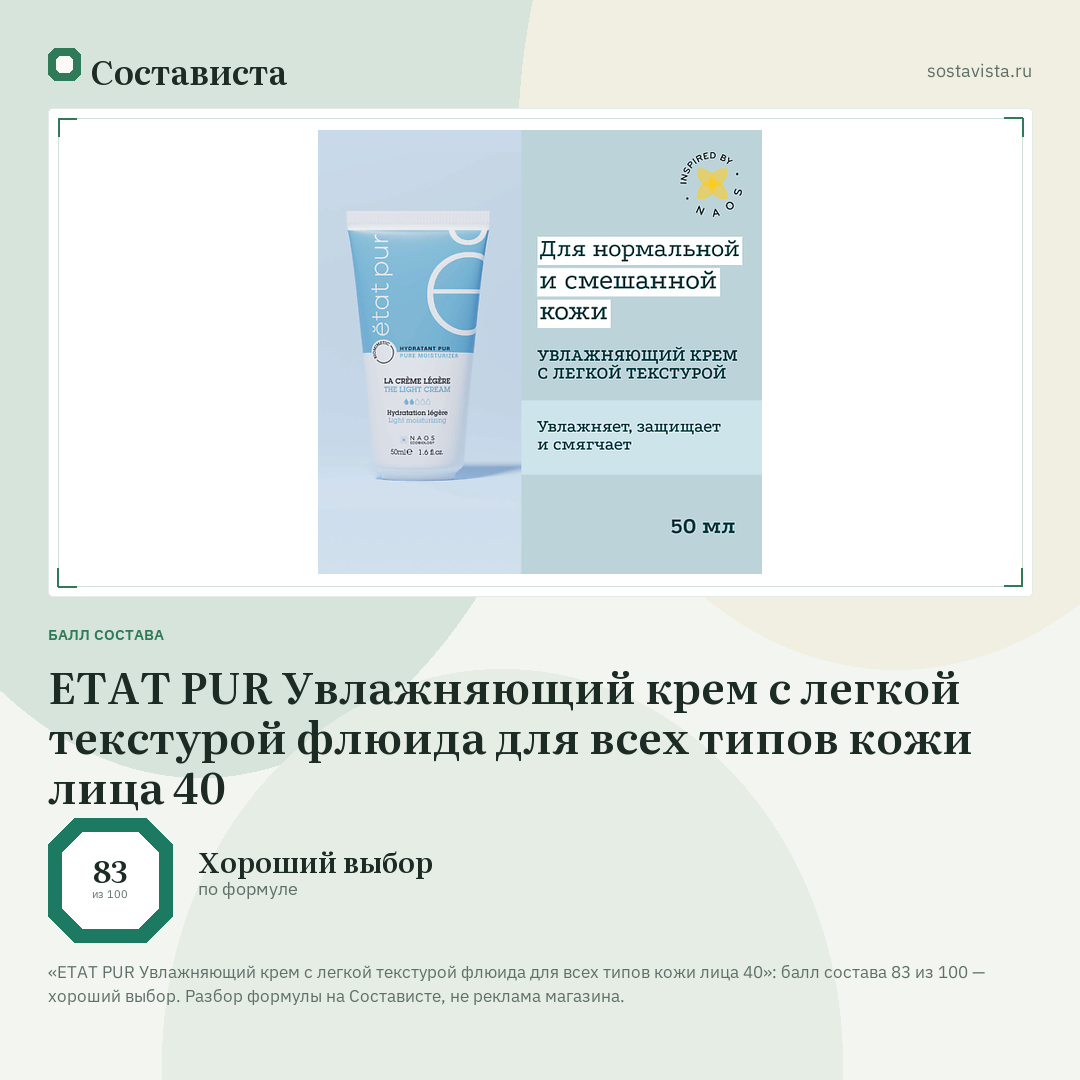 ETAT PUR Увлажняющий крем с легкой текстурой флюида для всех типов кожи лица 40: балл состава 83 из 100 — Состависта