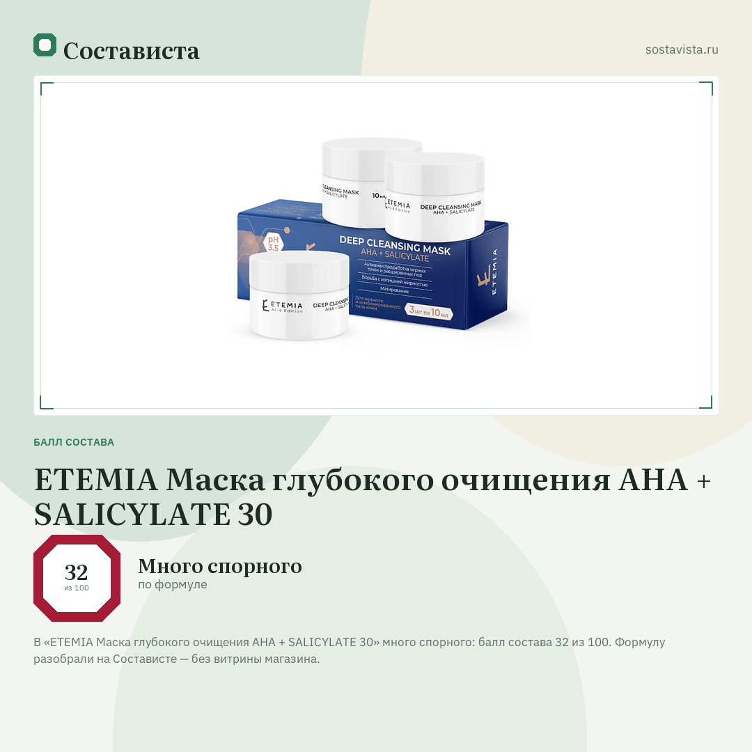 ETEMIA Маска глубокого очищения AHA + SALICYLATE 30: балл состава 32 из 100 — Состависта