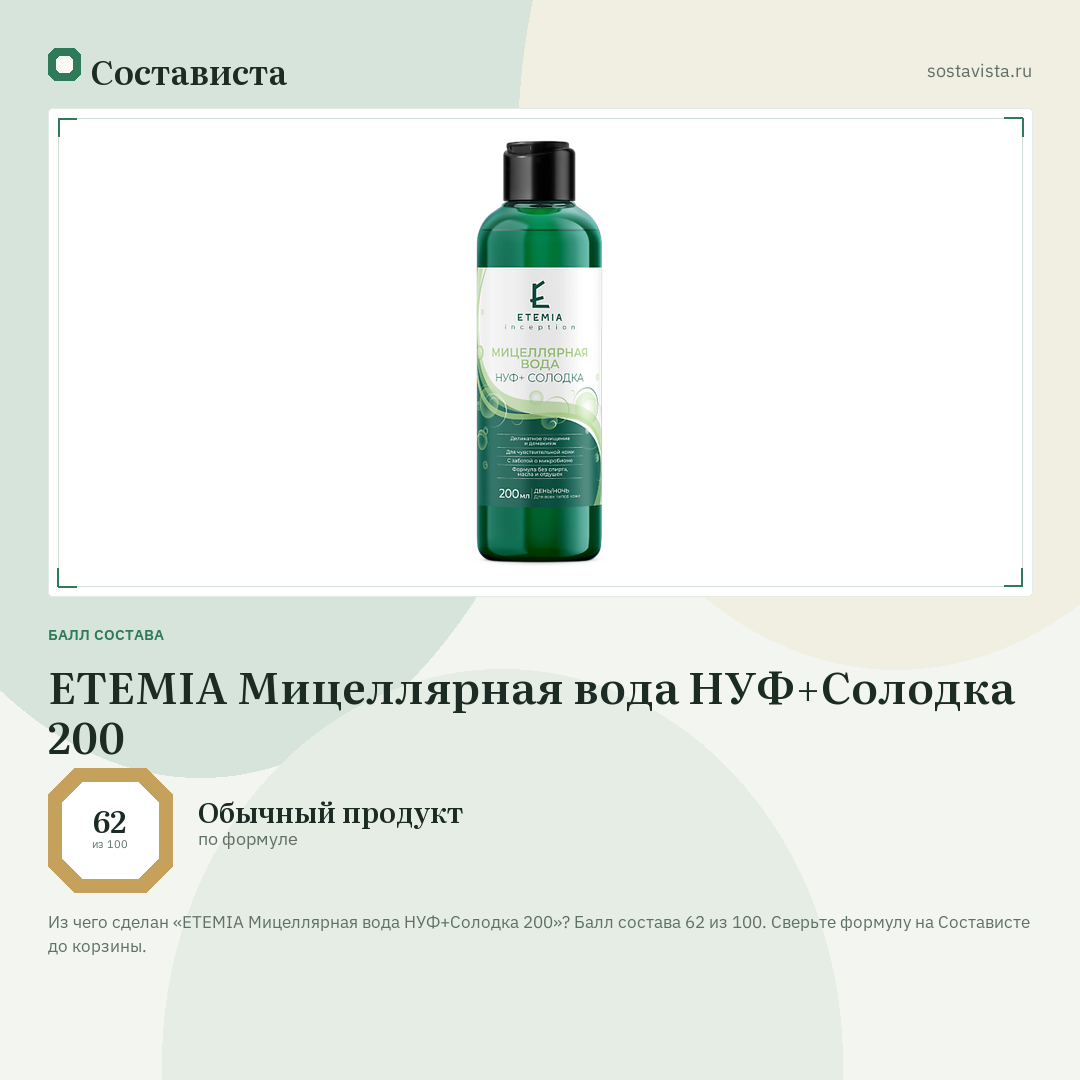 ETEMIA Мицеллярная вода НУФ+Солодка 200: балл состава 62 из 100 — Состависта