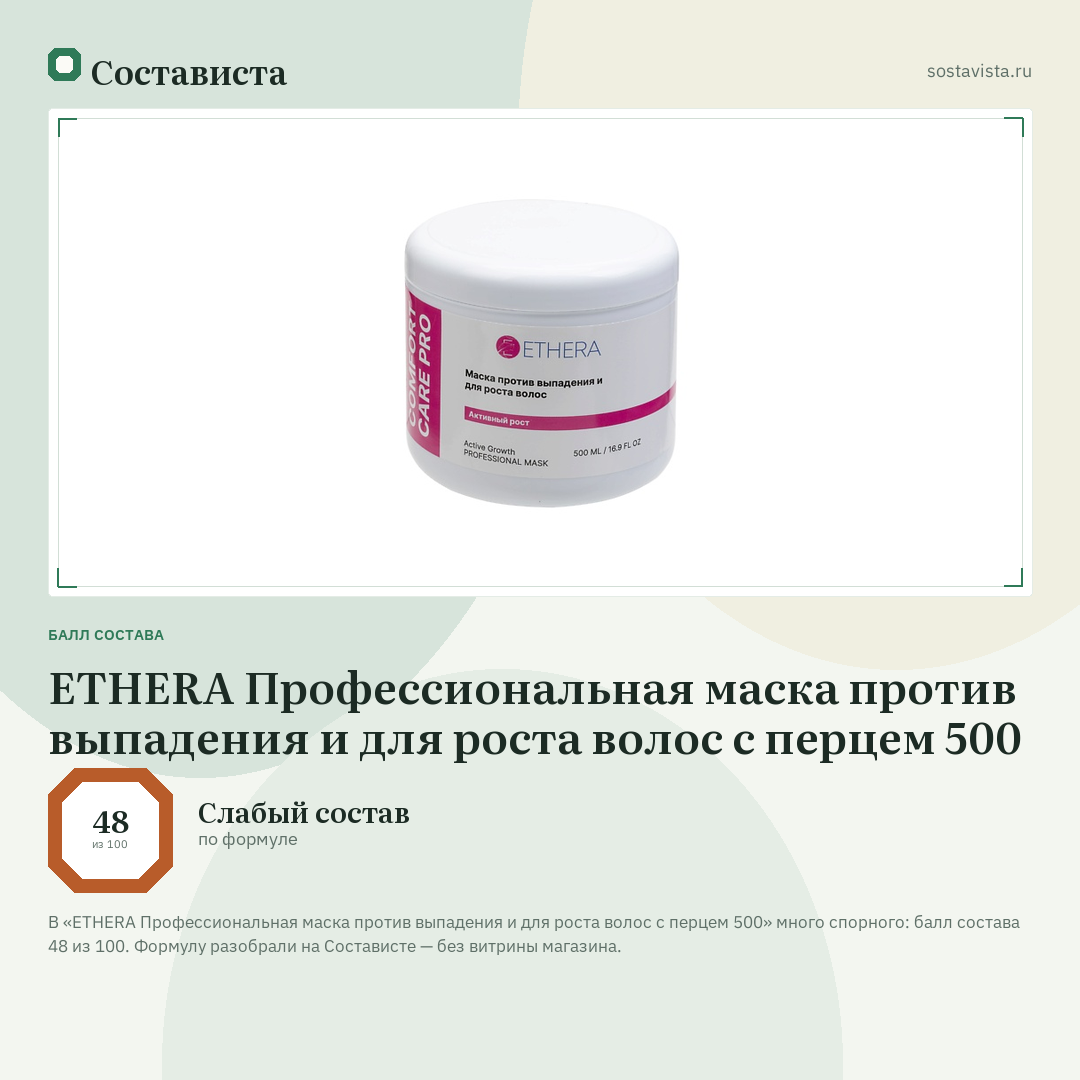 ETHERA Профессиональная маска против выпадения и для роста волос с перцем 500: балл состава 48 из 100 — Состависта