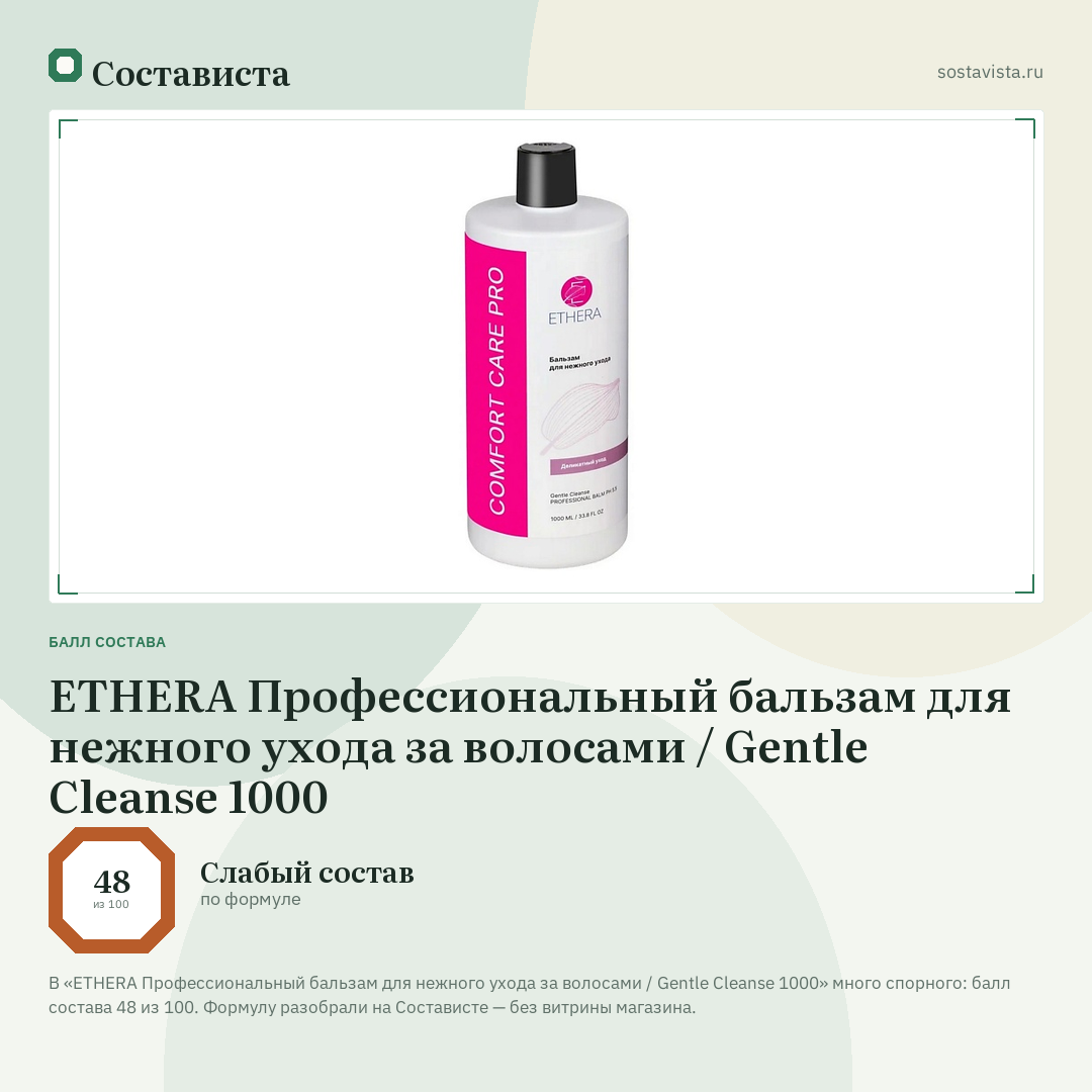 ETHERA Профессиональный бальзам для нежного ухода за волосами / Gentle Cleanse 1000: балл состава 48 из 100 — Состависта