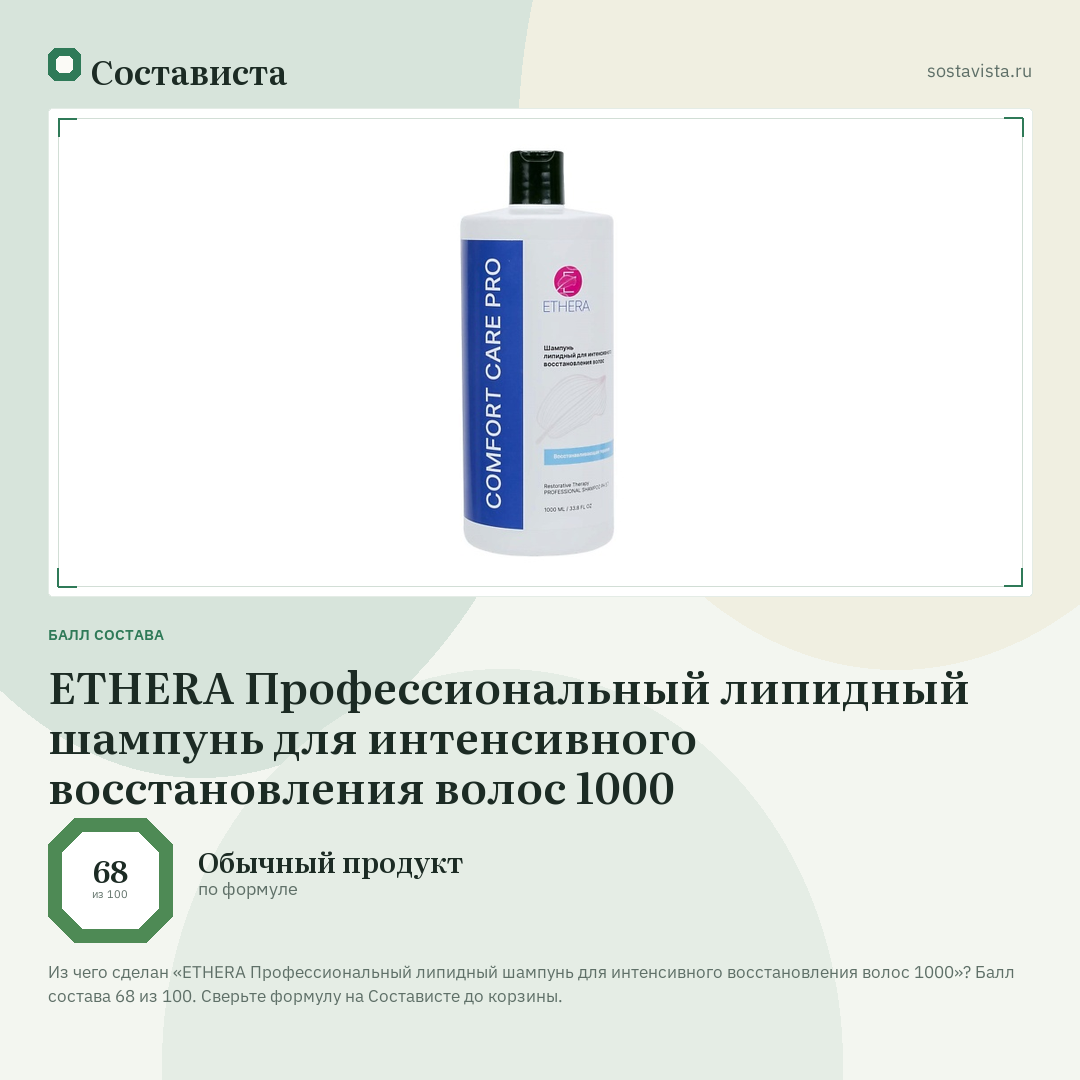 ETHERA Профессиональный липидный шампунь для интенсивного восстановления волос 1000: балл состава 68 из 100 — Состависта