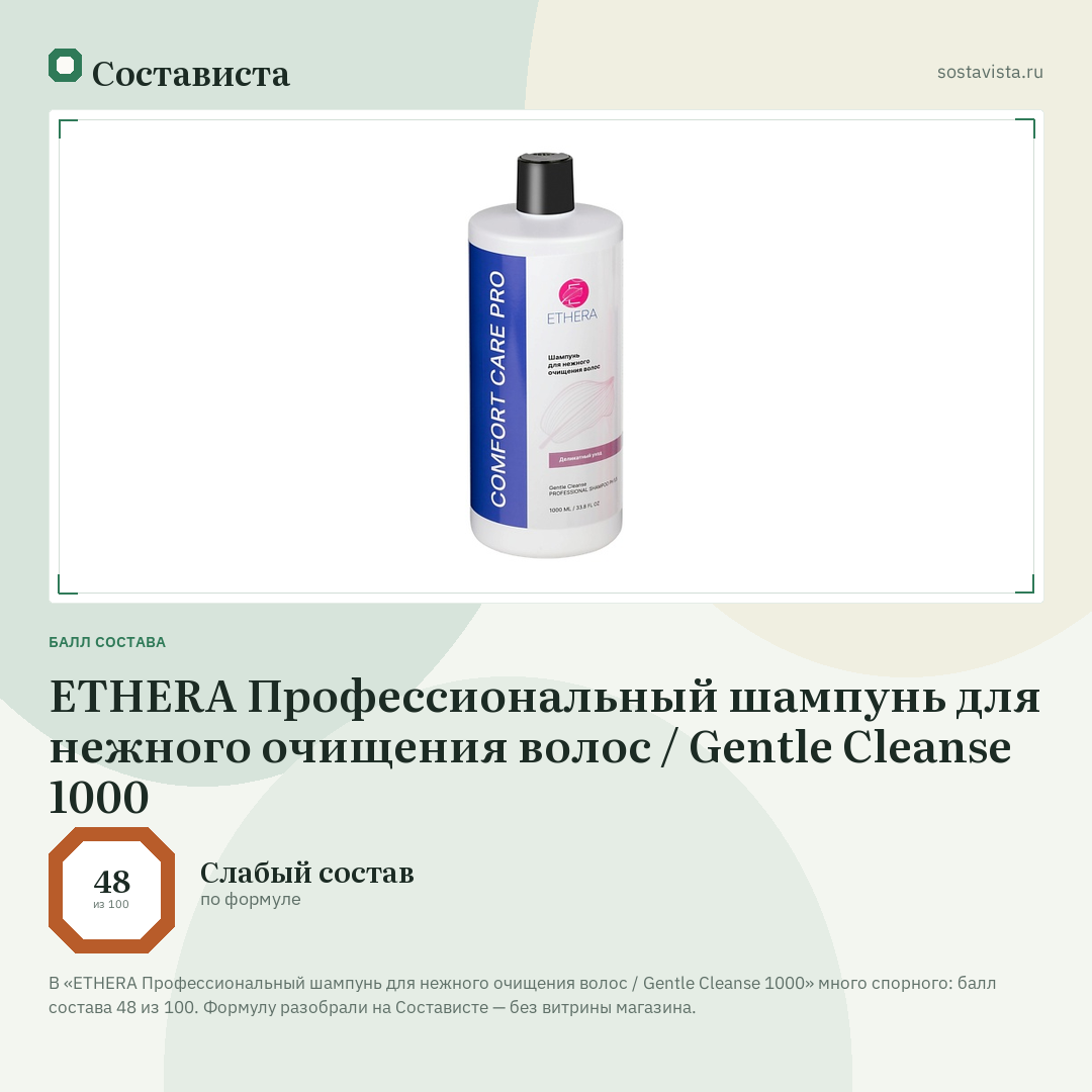 ETHERA Профессиональный шампунь для нежного очищения волос / Gentle Cleanse 1000: балл состава 48 из 100 — Состависта