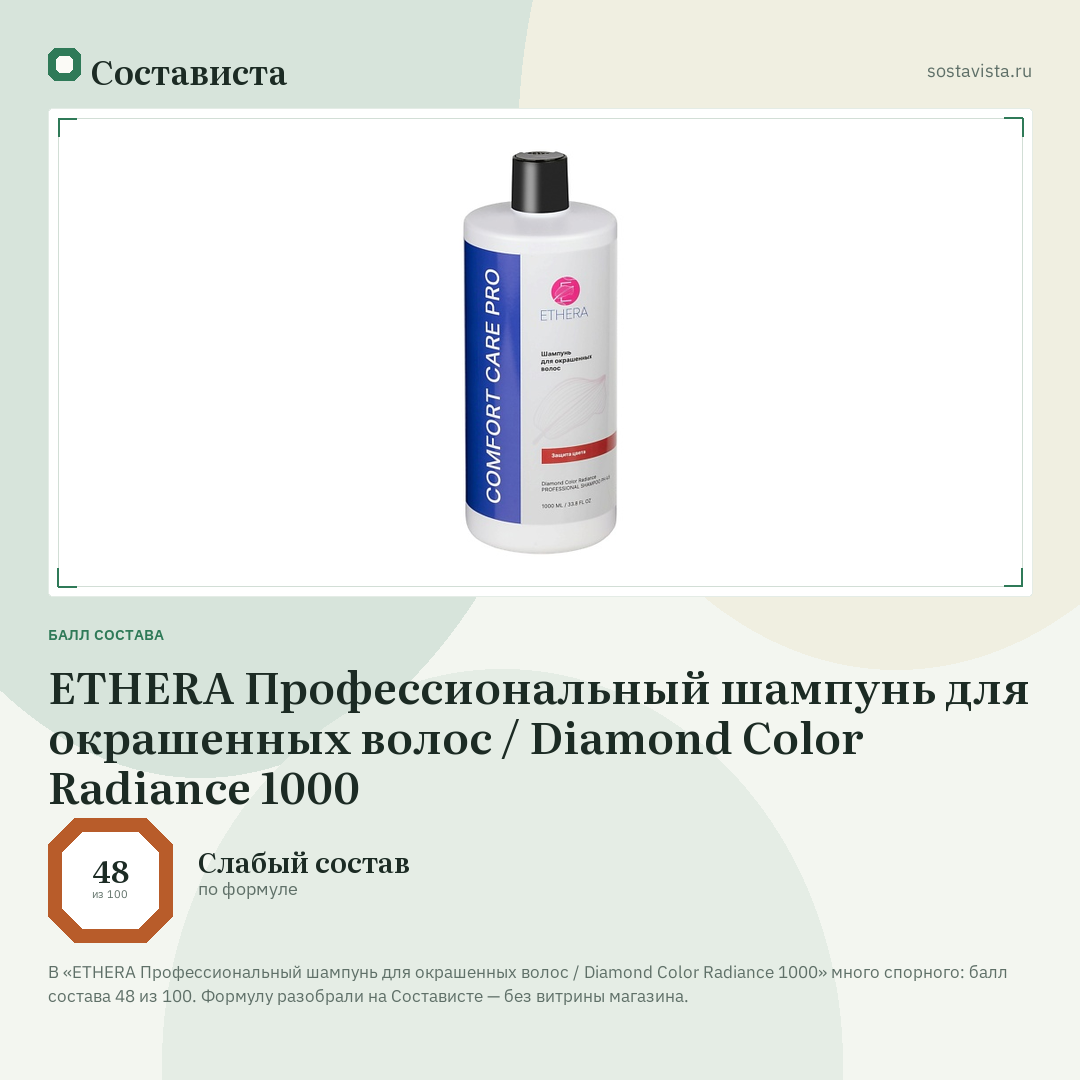 ETHERA Профессиональный шампунь для окрашенных волос / Diamond Color Radiance 1000: балл состава 48 из 100 — Состависта