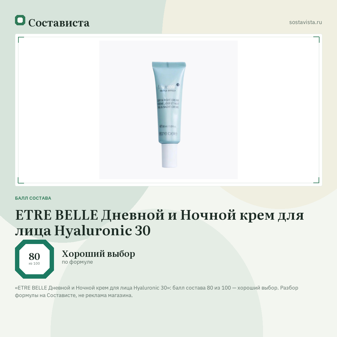 ETRE BELLE Дневной и Ночной крем для лица Hyaluronic 30: балл состава 80 из 100 — Состависта