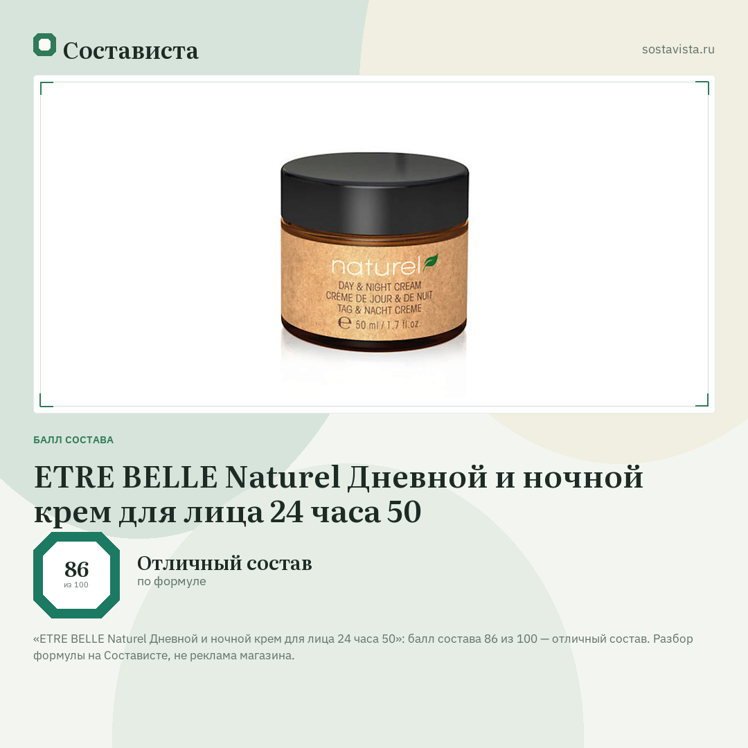 ETRE BELLE Naturel Дневной и ночной крем для лица 24 часа 50: балл состава 86 из 100 — Состависта